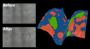 Surface mapping of a pharmaceutical tablet showing each ingredient in a different colour. 