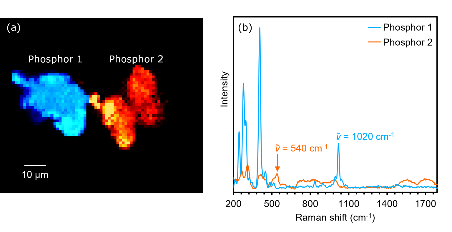 Raman image and spectra of phosphors 1 and 2.