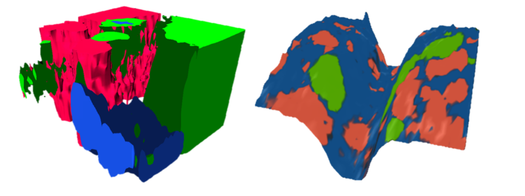 Raman microscopy images of pharmaceutical tablet - red, green and blue sections represent different components of the tablet. 